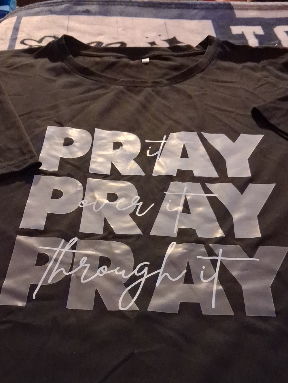 Mens  Black Graphic Tee with Silver 'Pray' Design